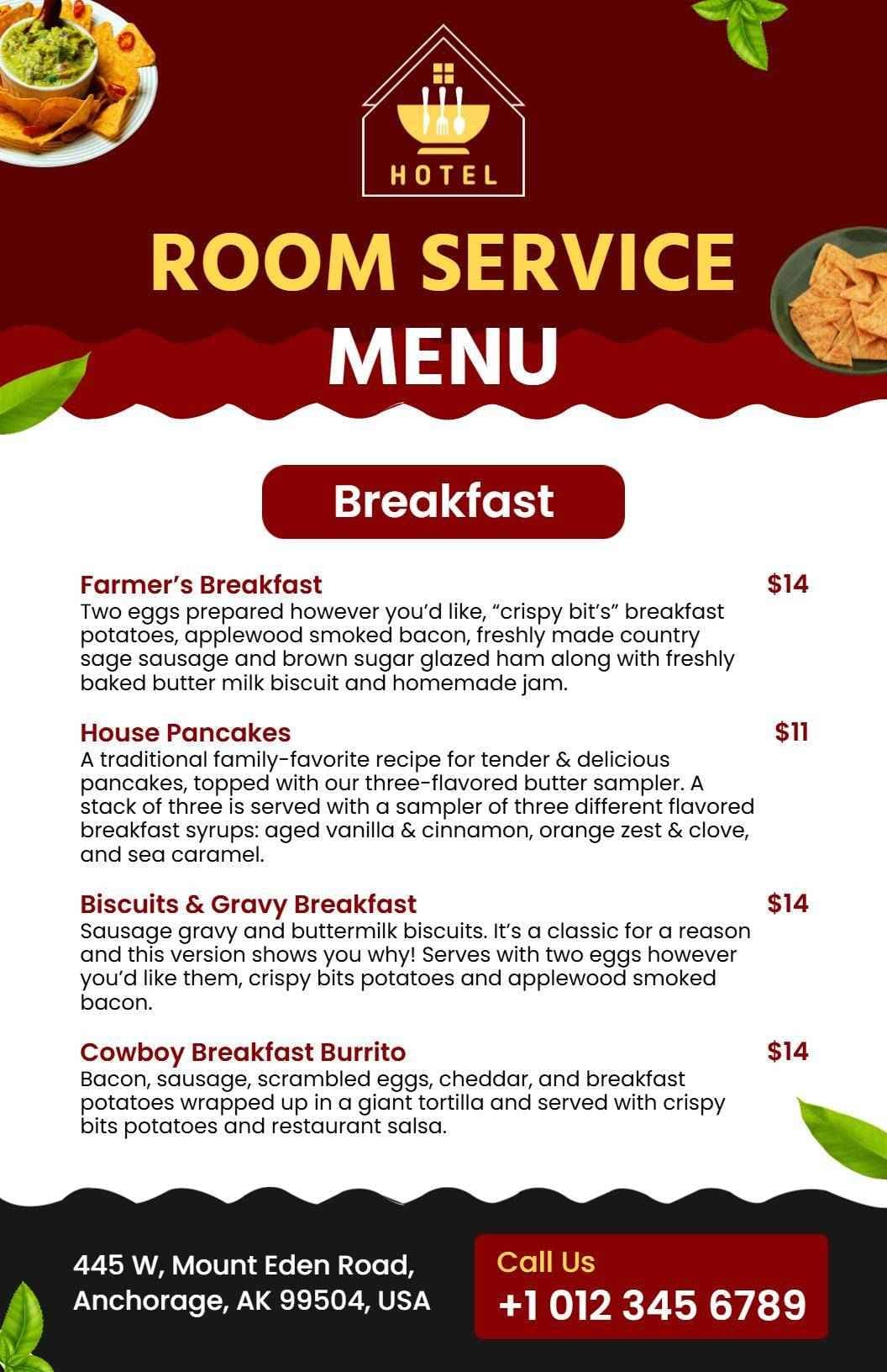 Hearty Breakfast and Satisfying Delights In Hotel Menu Template