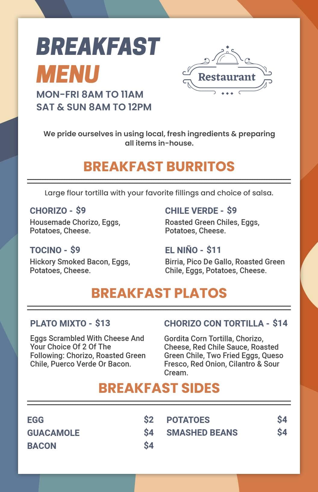 Hearty Breakfast Burritos and Flavorful Sides Breakfast Menu Template