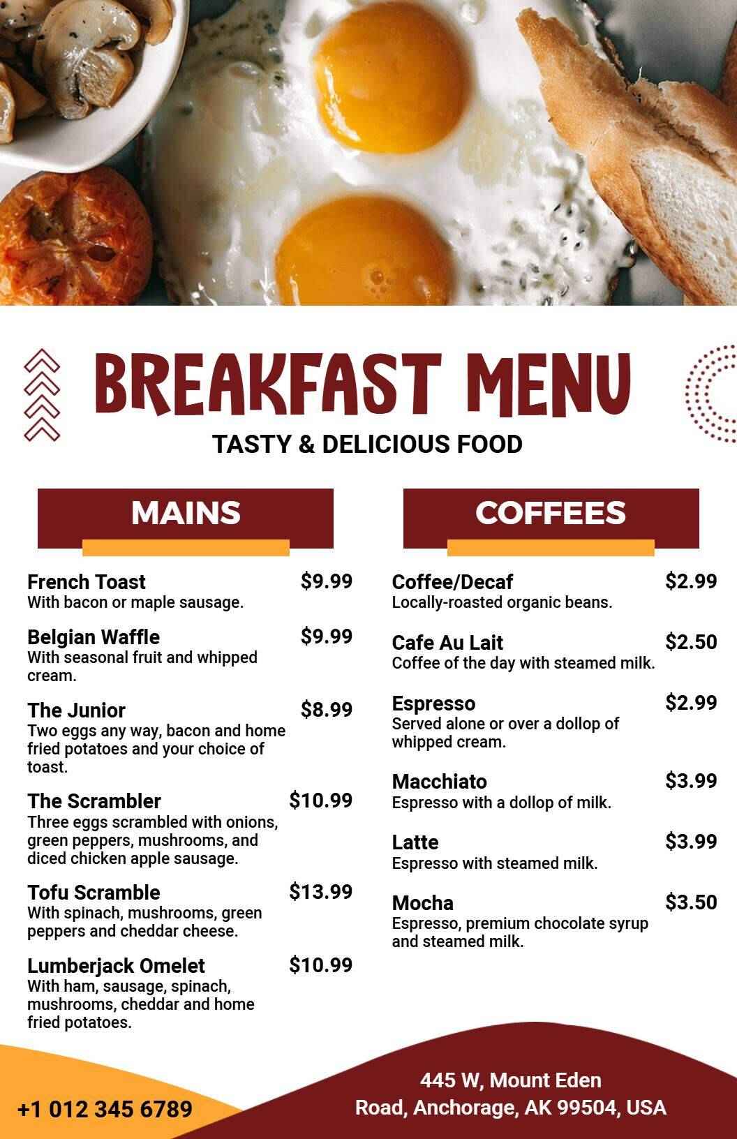 Hearty Breakfast Classics Featuring Eggs and Waffles Breakfast Menu Template