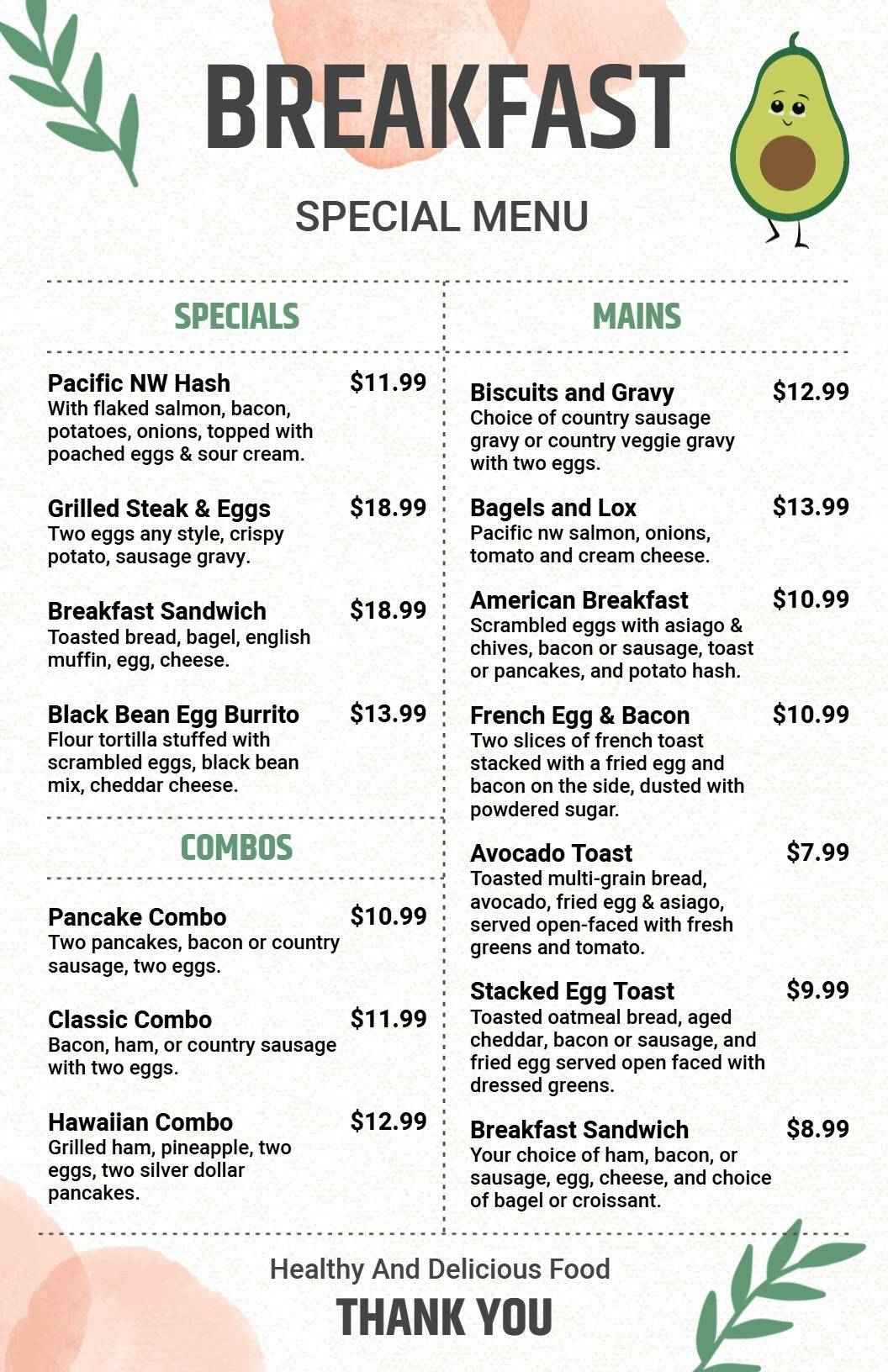 Hearty Breakfast Sandwiches and Satisfying Combos Breakfast Menu Template