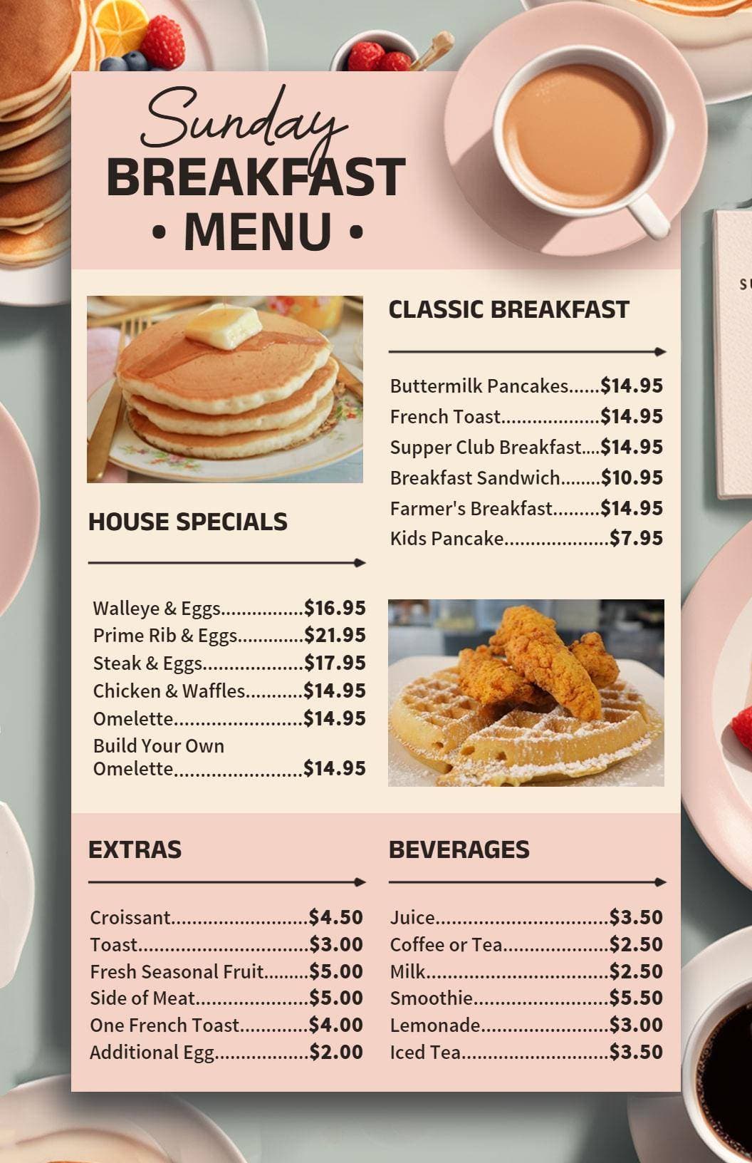 Hearty Breakfast Selections with Pancakes and Eggs Breakfast Menu Template