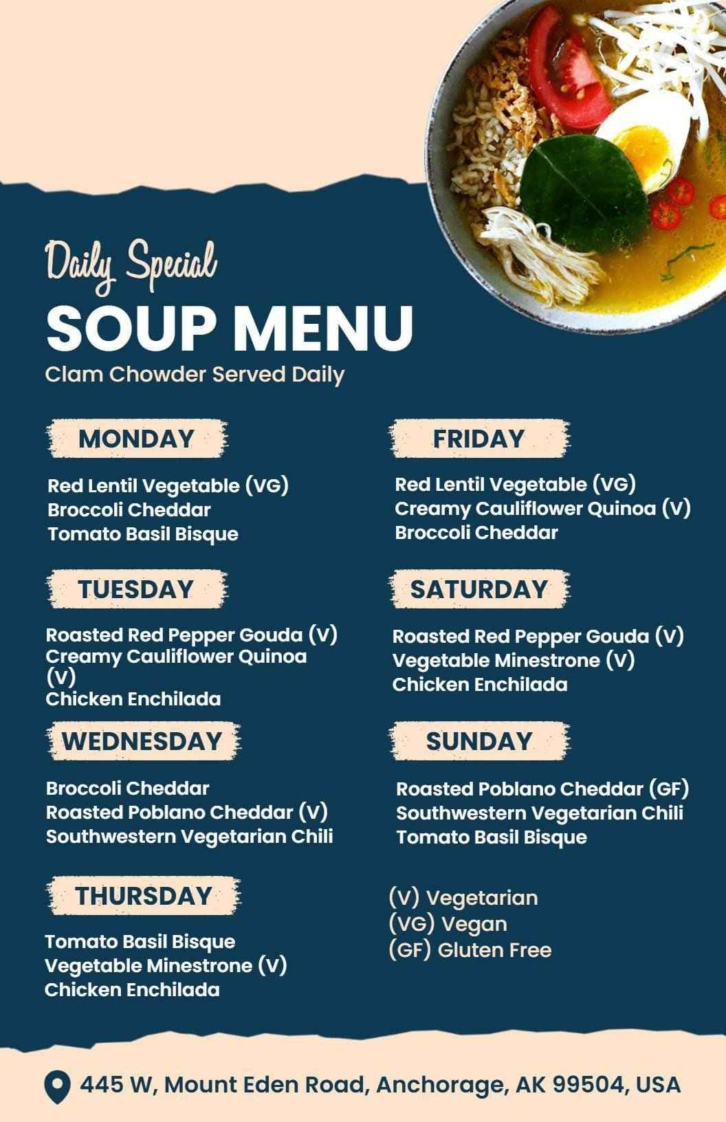 Hearty Broccoli, Cheddar, and Bisque Varieties Soup Menu Template