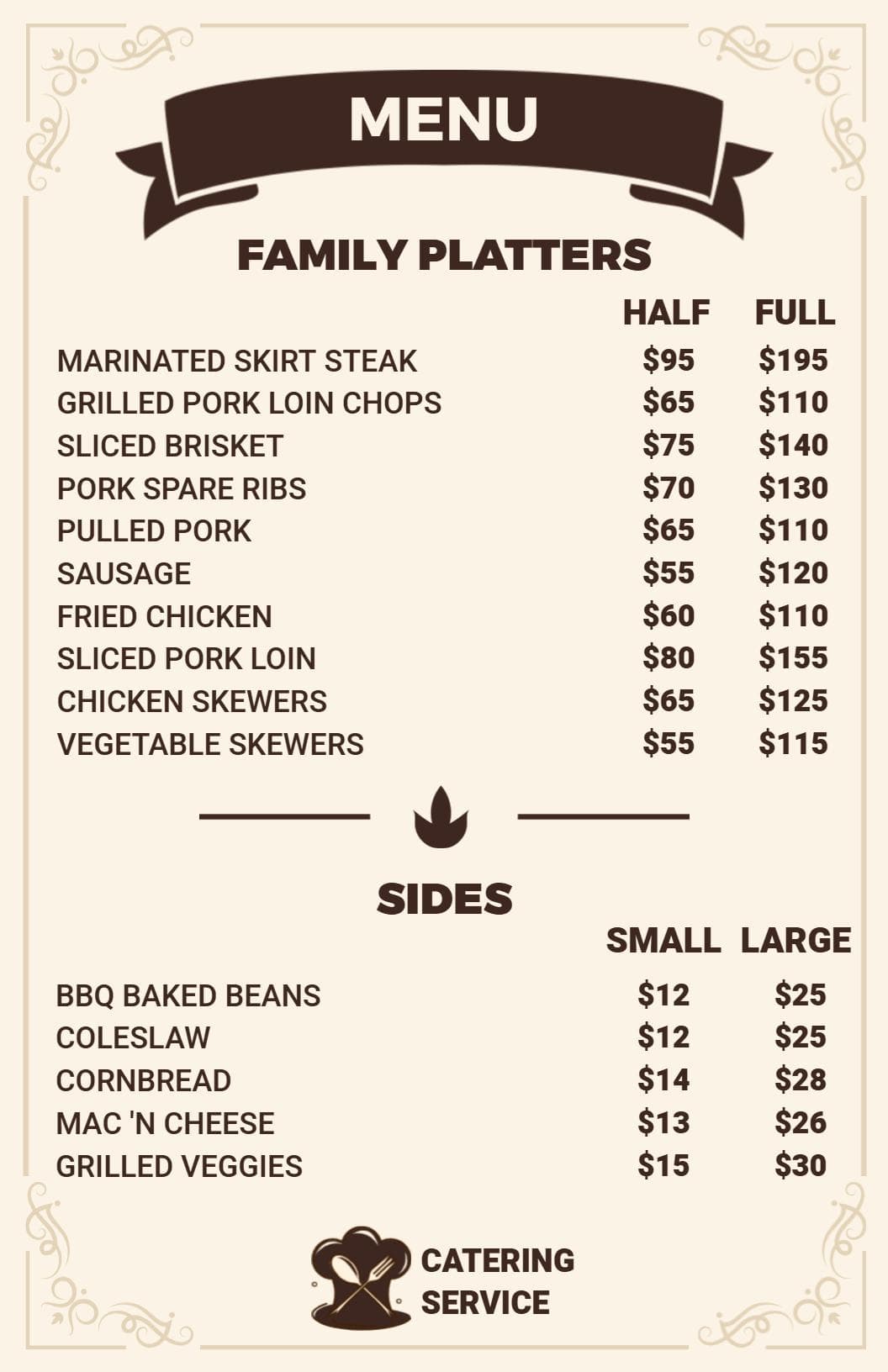 Hearty Family Platters and Satisfying Side Dishes Catering Menu Template