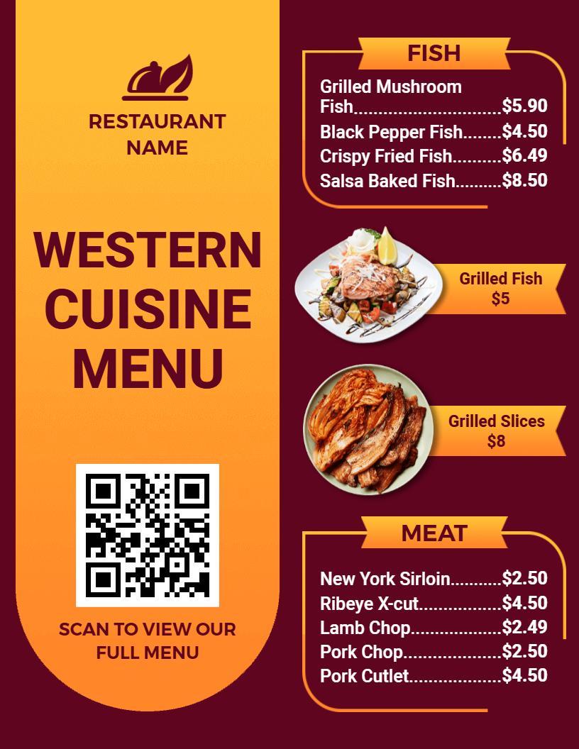 Hearty Fish and Meat Selections with Classic Side Dishes Western Menu Template