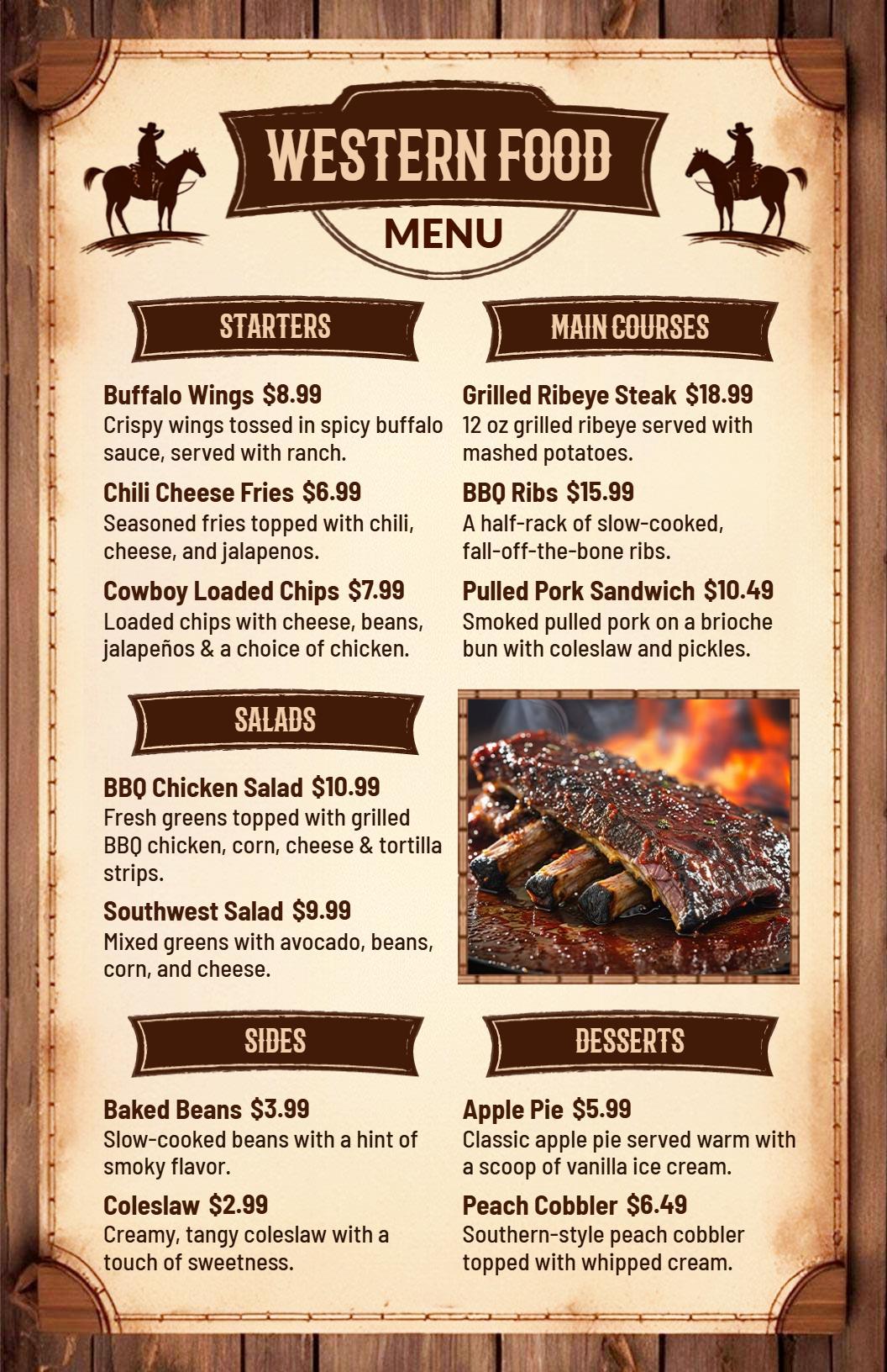Hearty Grilled Ribs and Savory Sides Inspired Western Menu Template