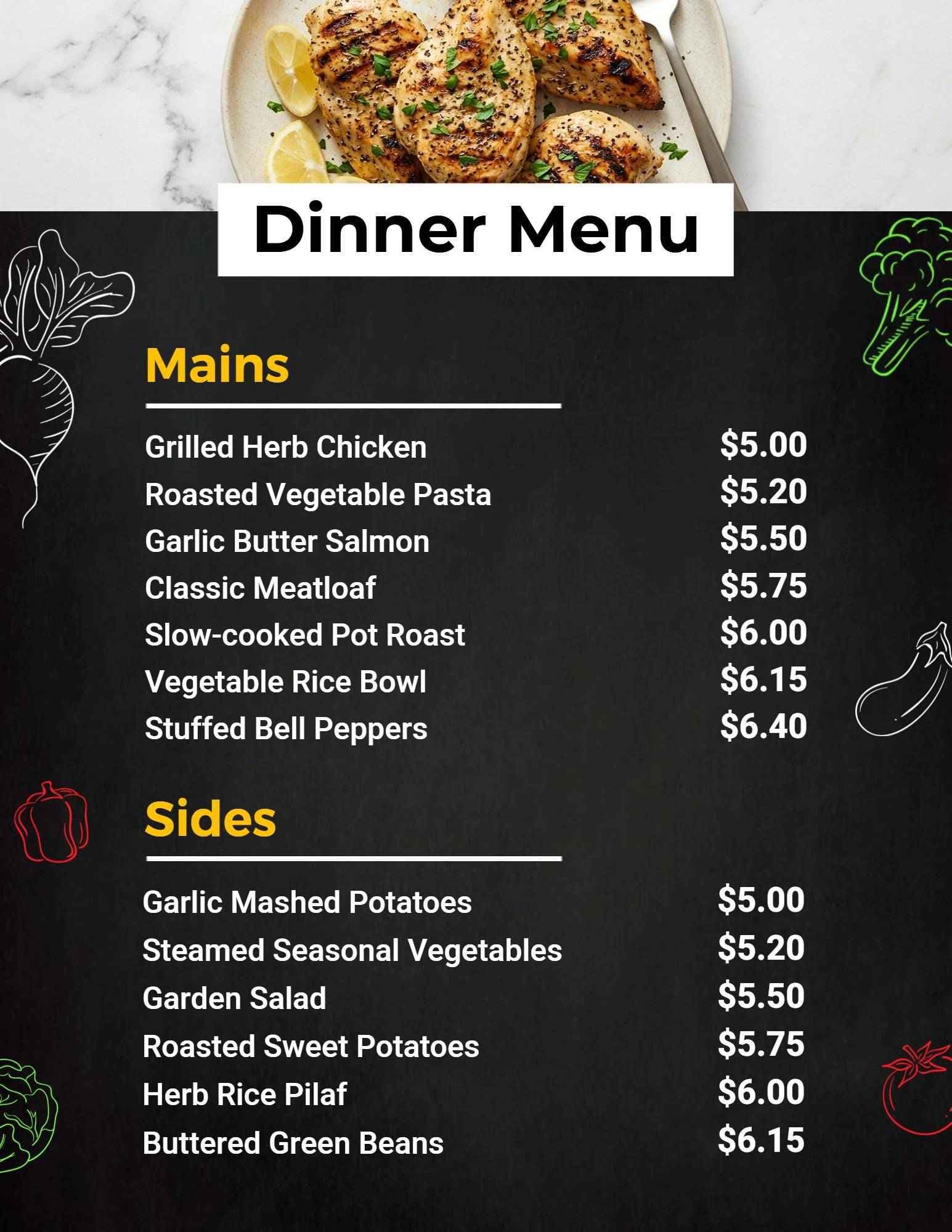 Hearty Home-Cooked Mains and Sides Selection Dinner Menu Template