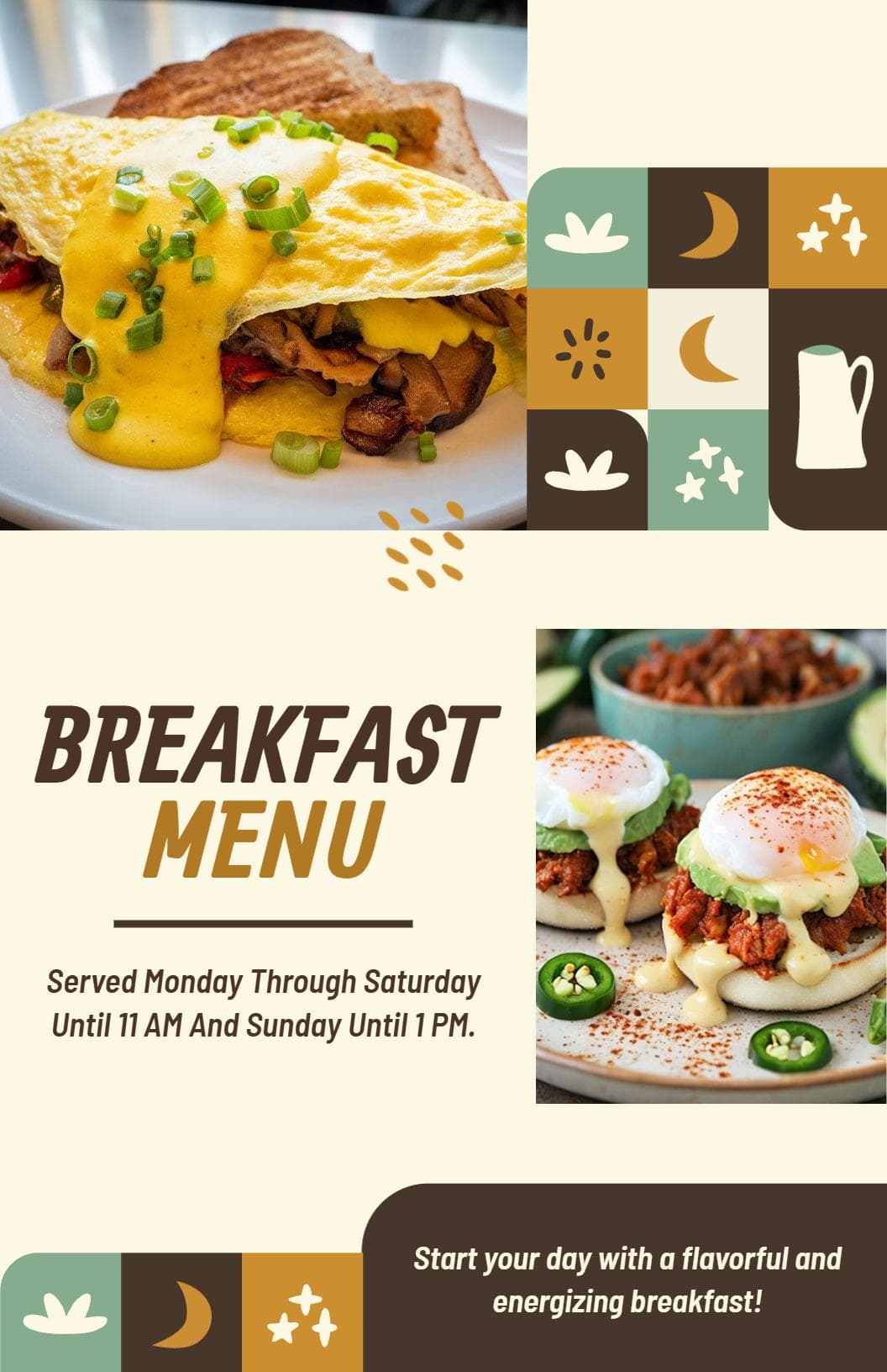 Hearty Omelets, Scramblers, and Sweet Treats Breakfast Menu Template