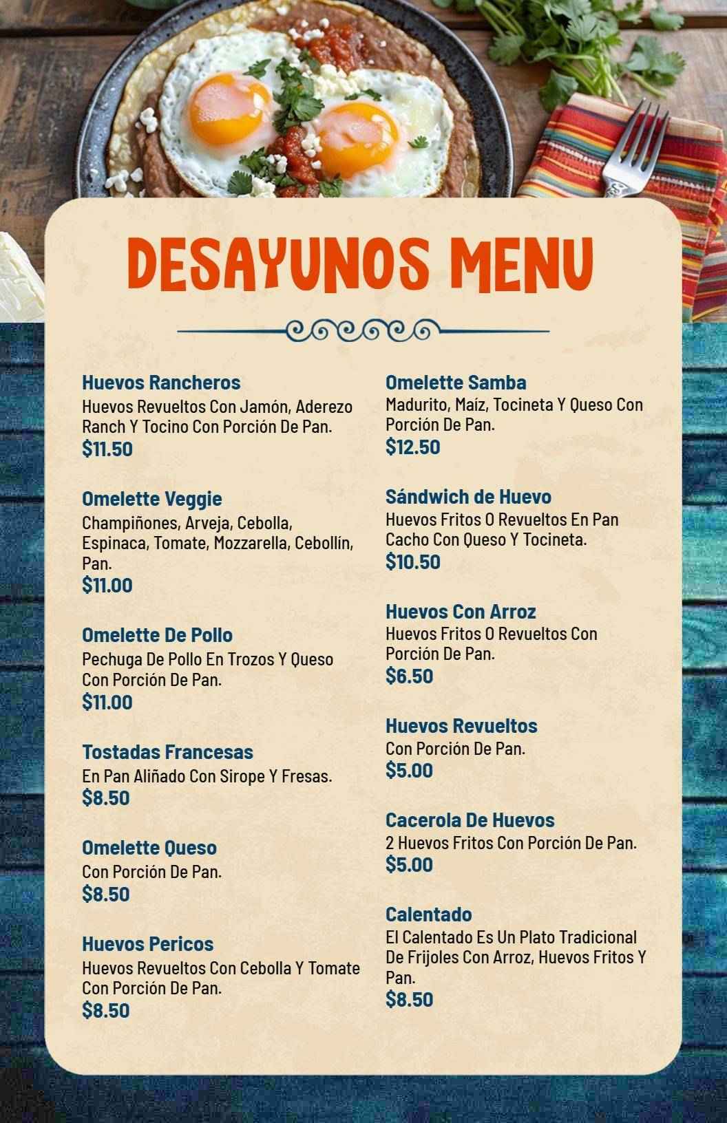 Hearty Omelettes and Classic Breakfast Dishes Breakfast Menu Template