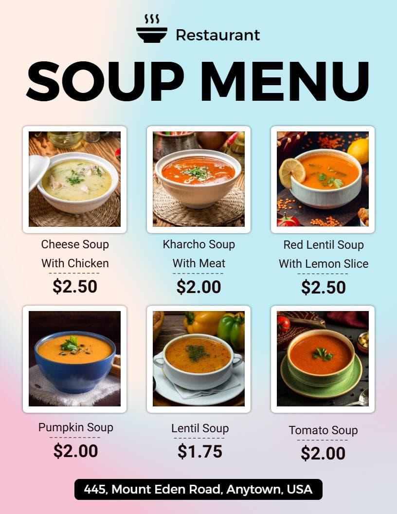 Hearty Selection of Flavorful Soups and Broths Soup Menu Template