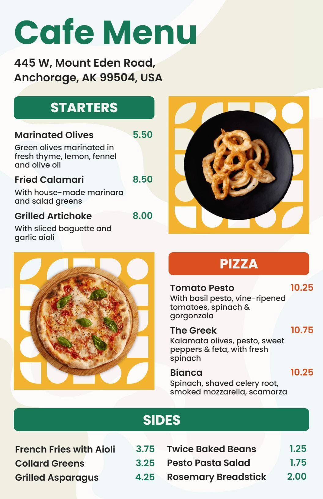 Hearty Starters and Gourmet Pizza Selections Cafe Menu Template