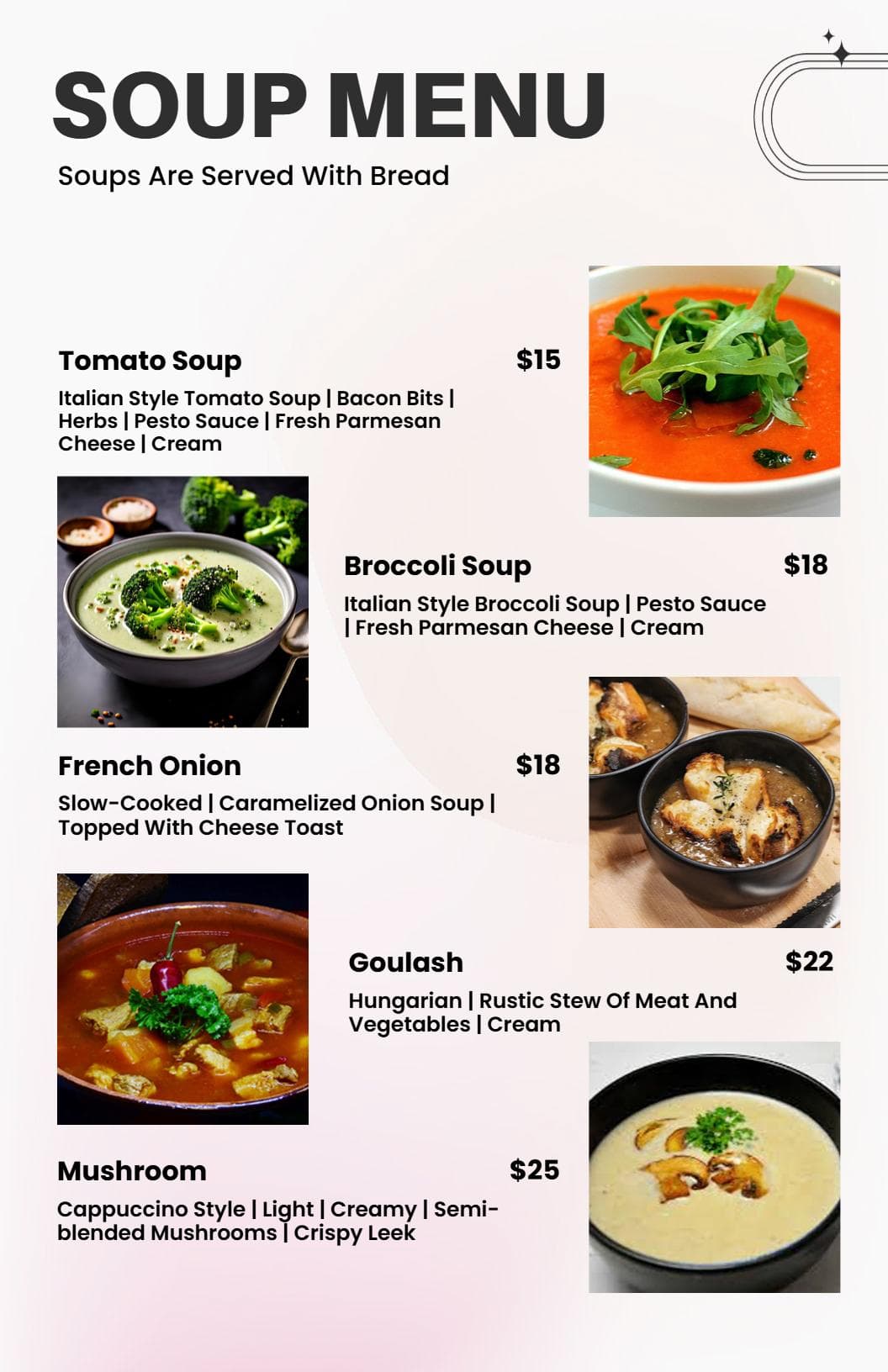 Hearty Tomato and Broccoli Soups with Flavorful Options Soup Menu Template
