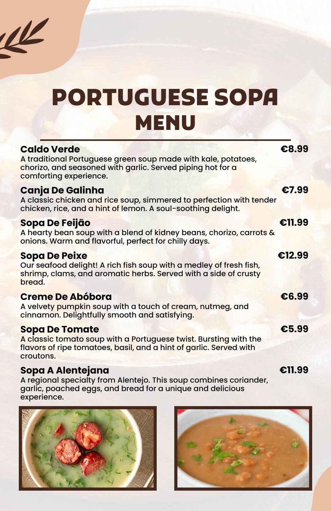 Hearty Traditional Soups Featuring Fresh Ingredients Soup Menu Template