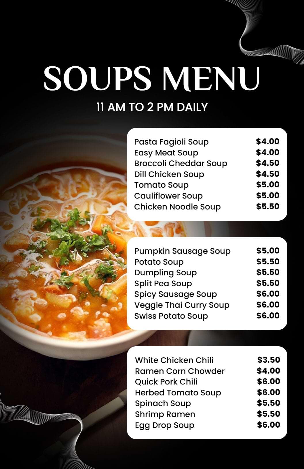 Hearty Varieties of Creamy and Flavorful Bowls Soup Menu Template