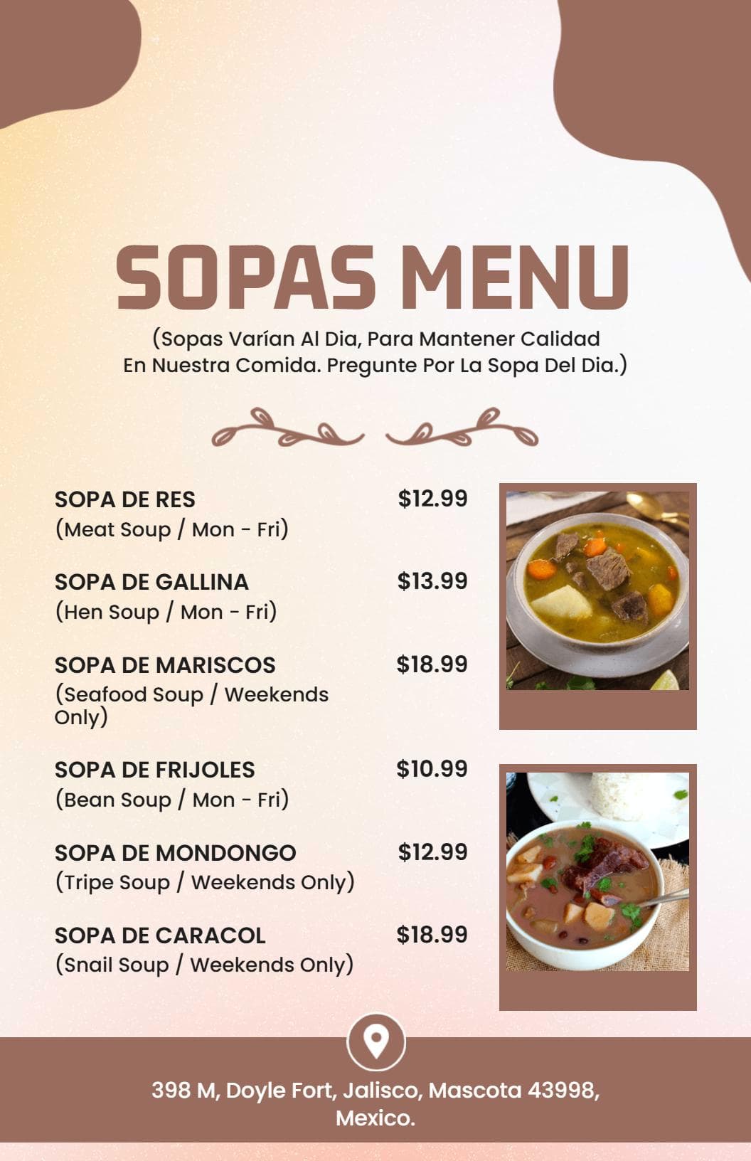 Hearty Variety of Delicious Soups Featuring Seasonal Specials Soup Menu Template
