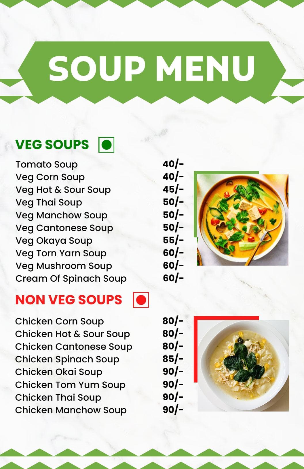 Hearty Veg and Non-Veg Soup Selections with Diverse Flavors Soup Menu Template
