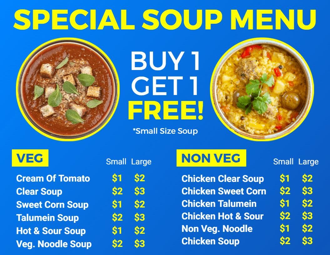 Hearty Vegetable and Chicken Soups with Special Offers Soup Menu Template