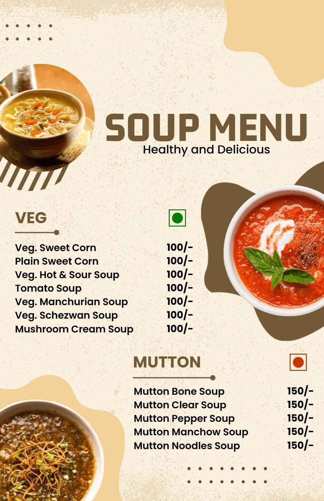 Hearty Vegetarian and Mutton Soups for Every Taste Soup Menu Template