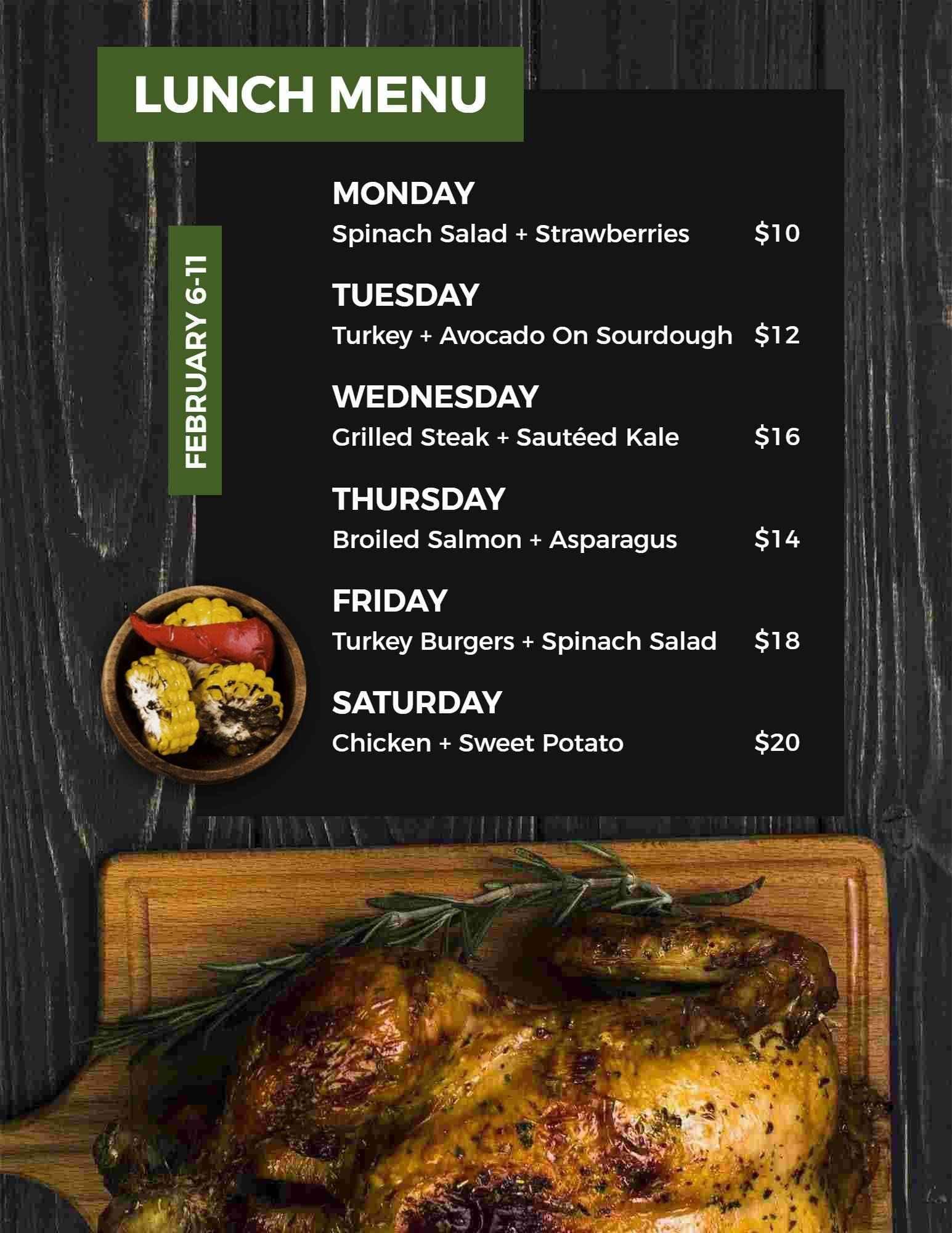 Hearty Weekly Lunch Selections Featuring Fresh Ingredients Lunch Menu Template