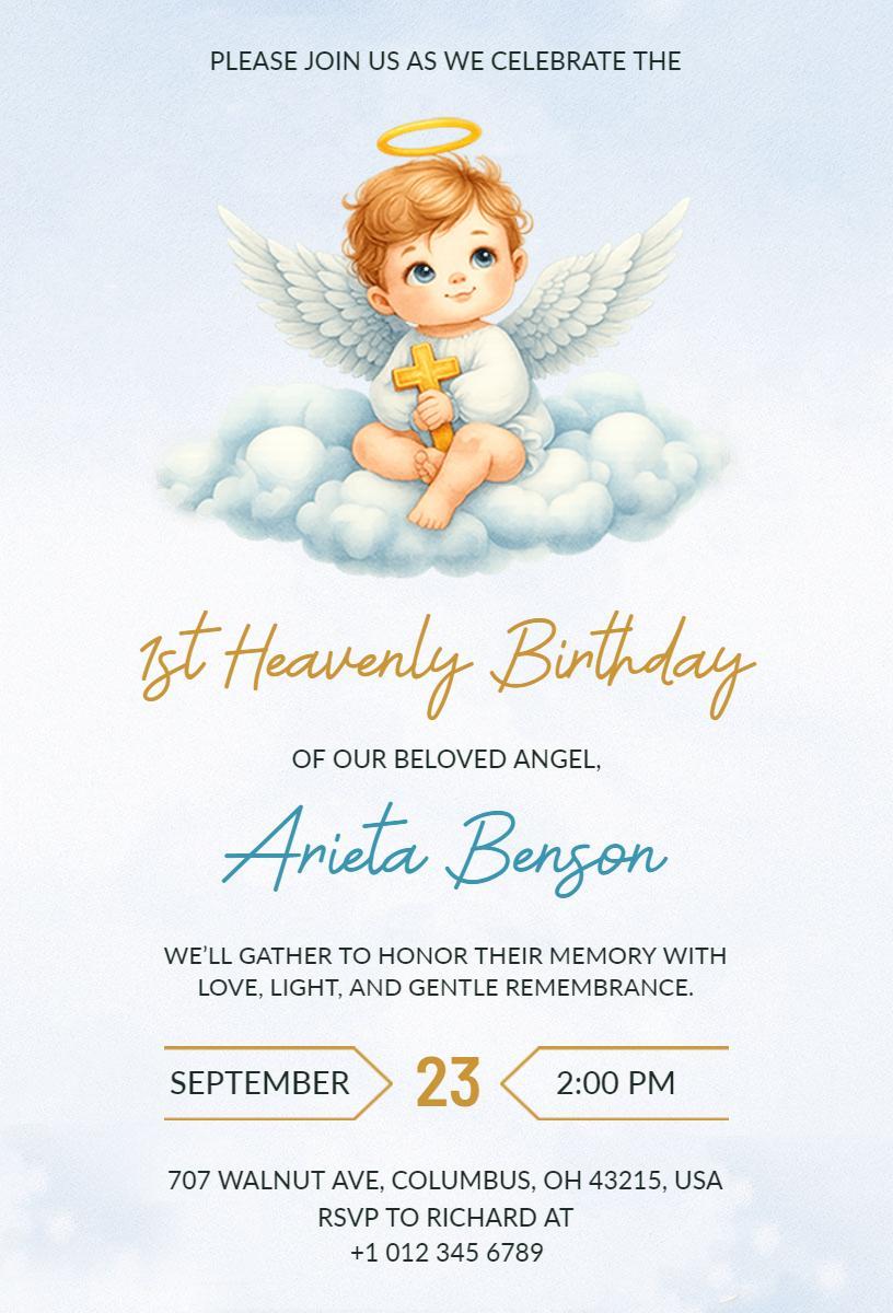 Heavenly Angel First Birthday Celebration Invitation Template