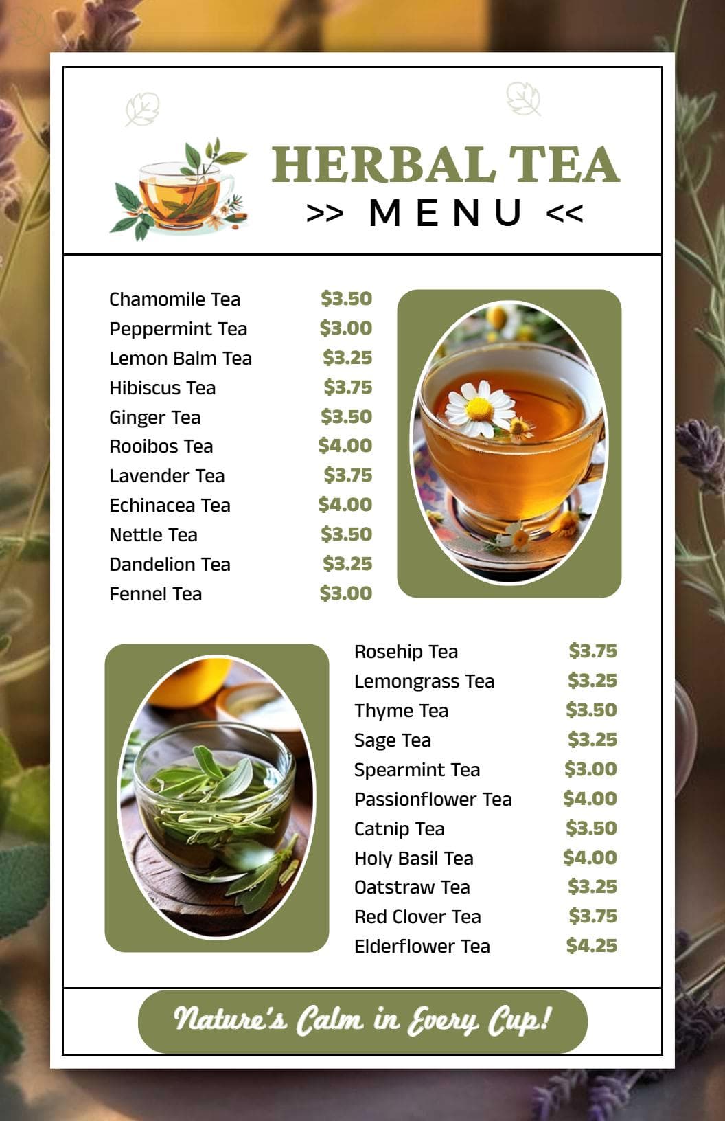 Herbal Tea Selections Featuring Unique Blends and Flavors Tea Menu Template