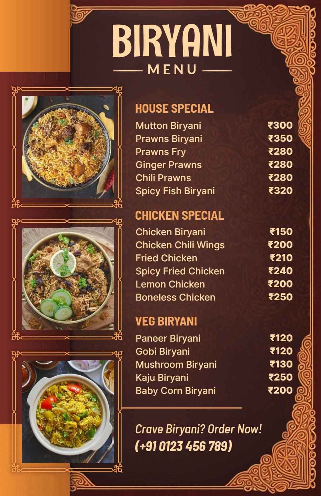 Heritage Patterned Indian Biryani Offerings Menu Template