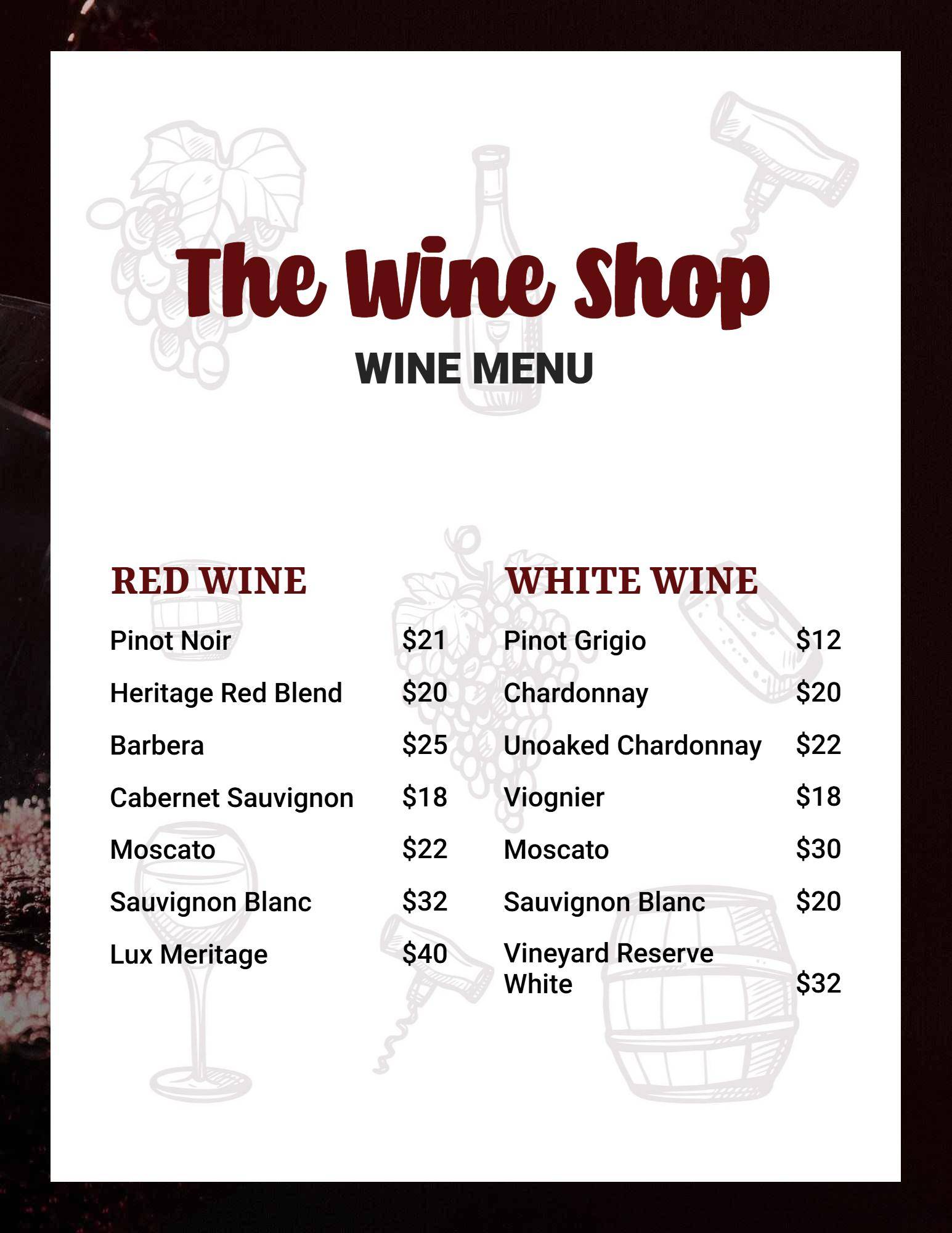 Heritage Red and Luxurious Meritage Options Wine Menu Template