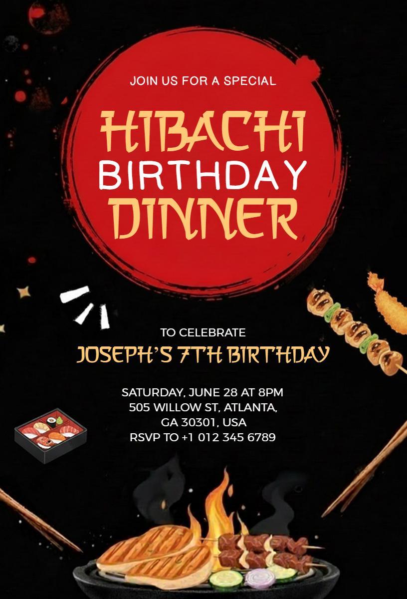 Hibachi Themed Dinner 7th Birthday Celebration Invitation Template