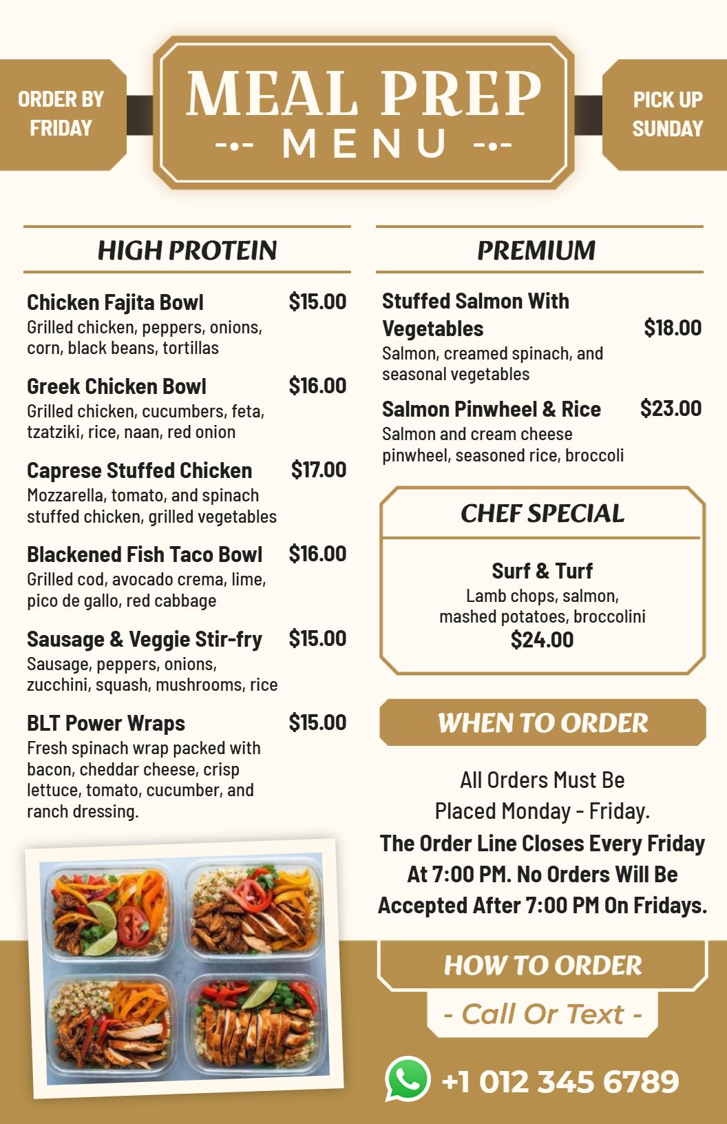 High Protein and Premium Grilled Selections Meal Prep Menu Template