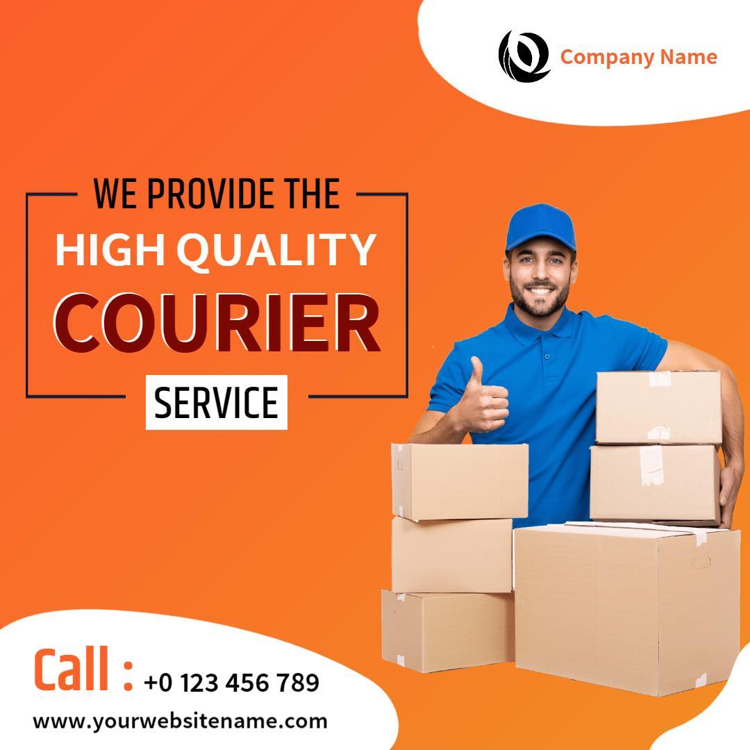High Quality Courier Service Promotion on Vibrant Orange Background Ad Template