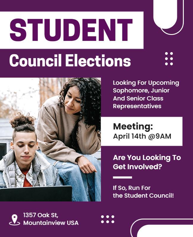 Modern Purple Student Council Elections Meeting Flyer Template