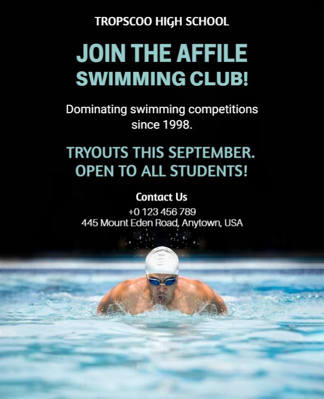 Dynamic Blue Swimming Club Tryouts Invitation Flyer Template