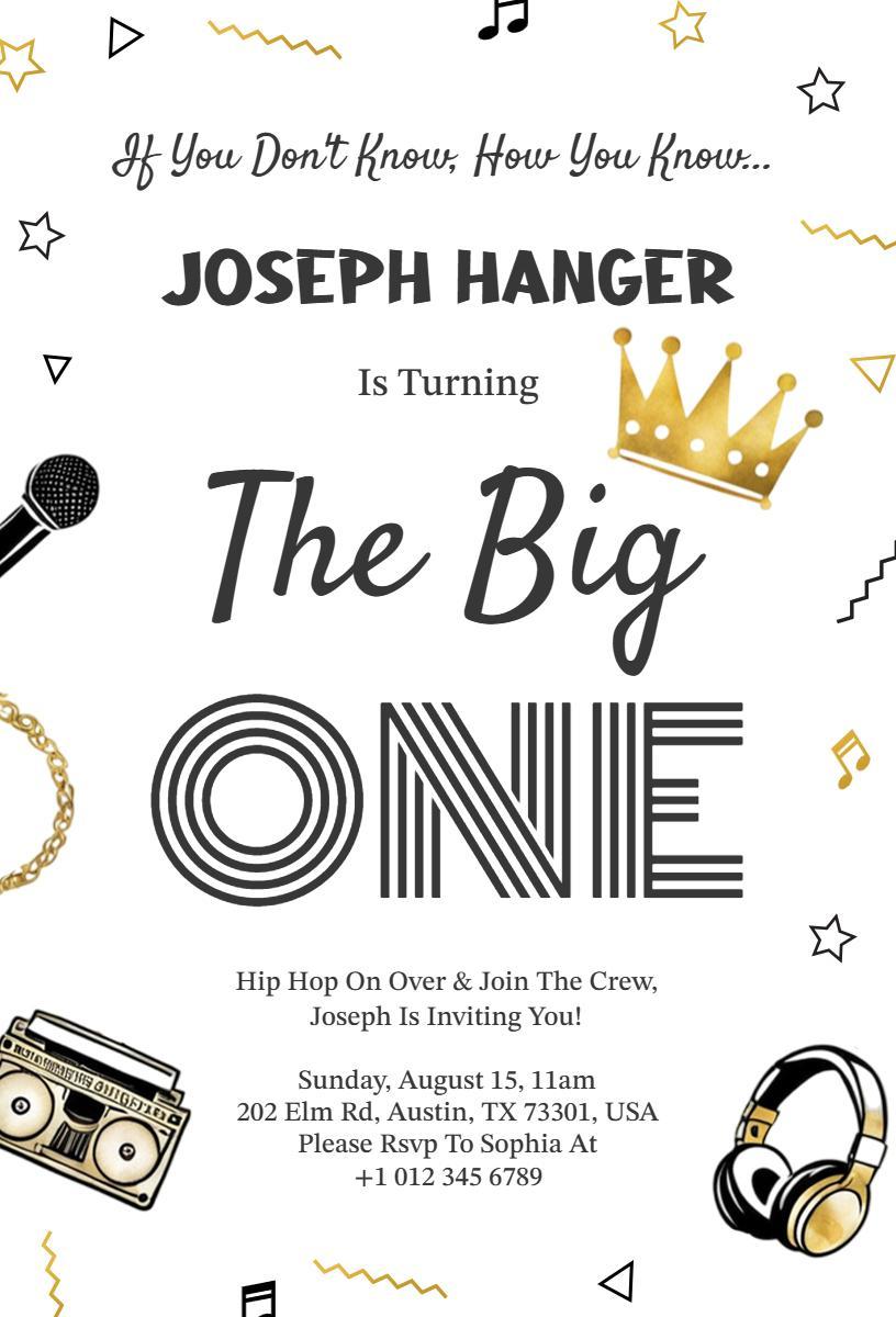 Hip Hop Gold Crown 1st Birthday Celebration Invitation Template