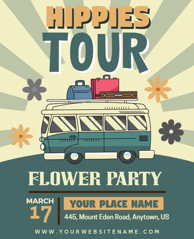 Retro Colorful Hippie Flower Party Tour Flyer Template