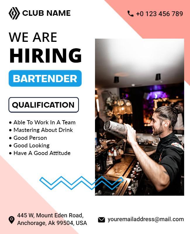 Hiring Bartender Job Opportunity Flyer Template