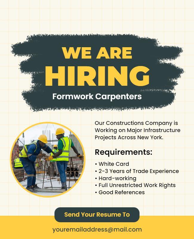 Hiring Formwork Carpenters Job Opportunity Flyer Template