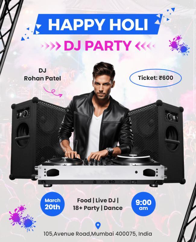 Holi Festival Dj Party Celebration Flyer Template