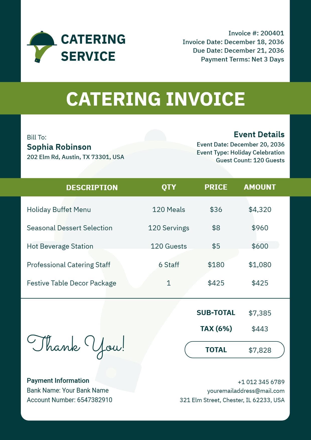 Holiday Event Catering Service Invoice Template