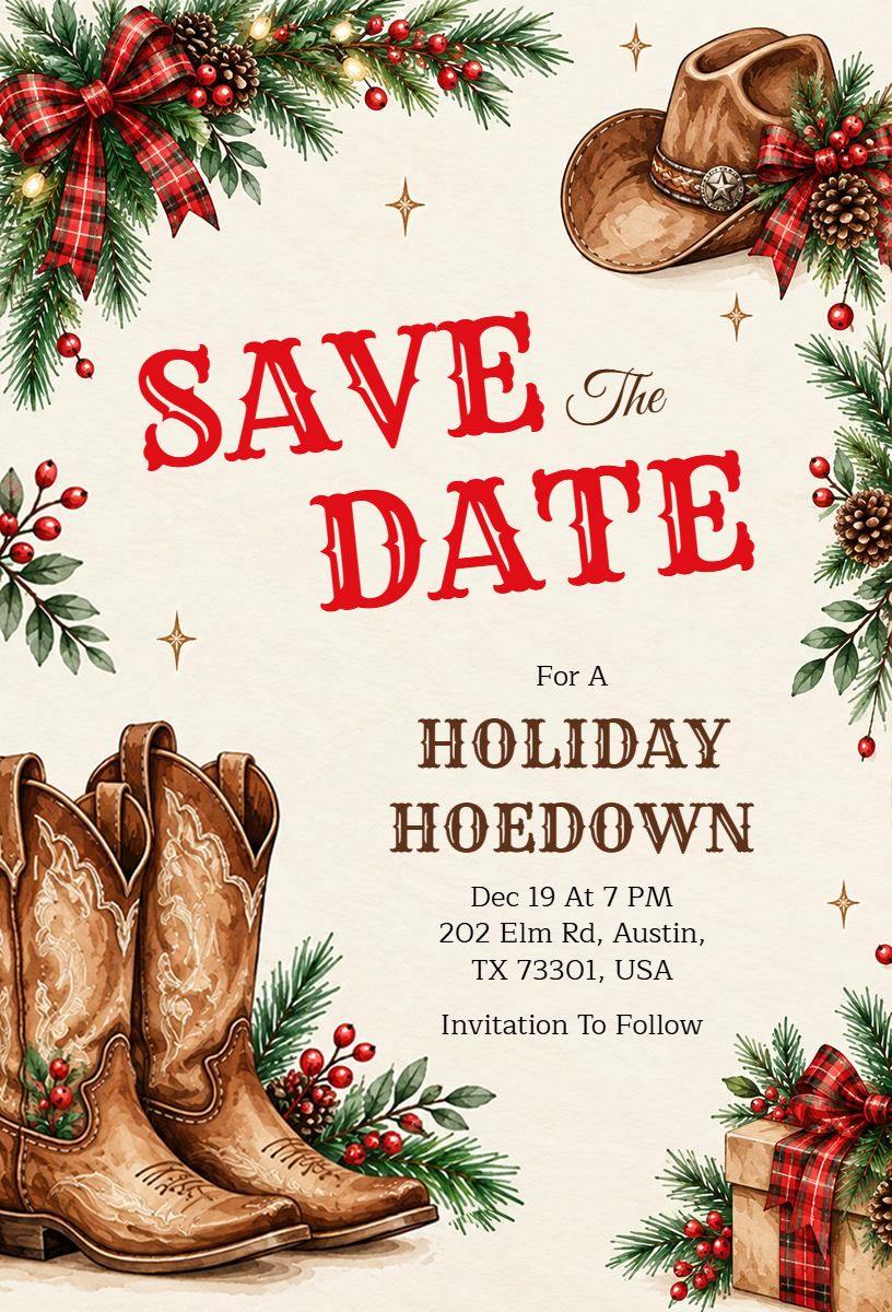 Holiday Hoedown Save the Date Invitation Template