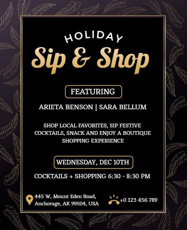 Luxurious Black and Gold Holiday Sip and Shop Flyer Template