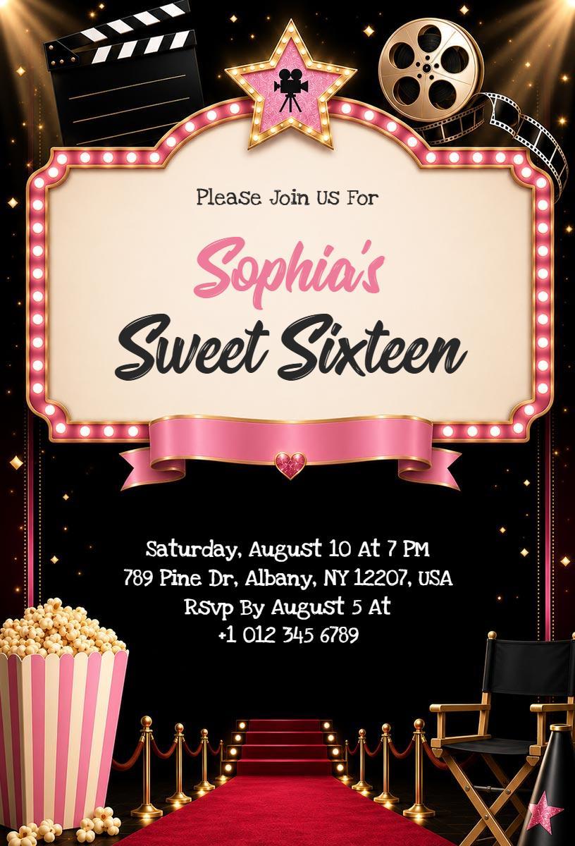 Hollywood Glamour Sweet 16 Birthday Celebration Invitation Template