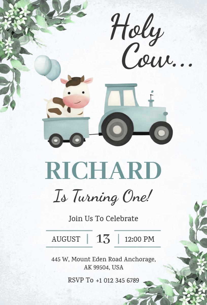 Holy Cow Adorable Farm 1st Birthday Celebration Invitation Template