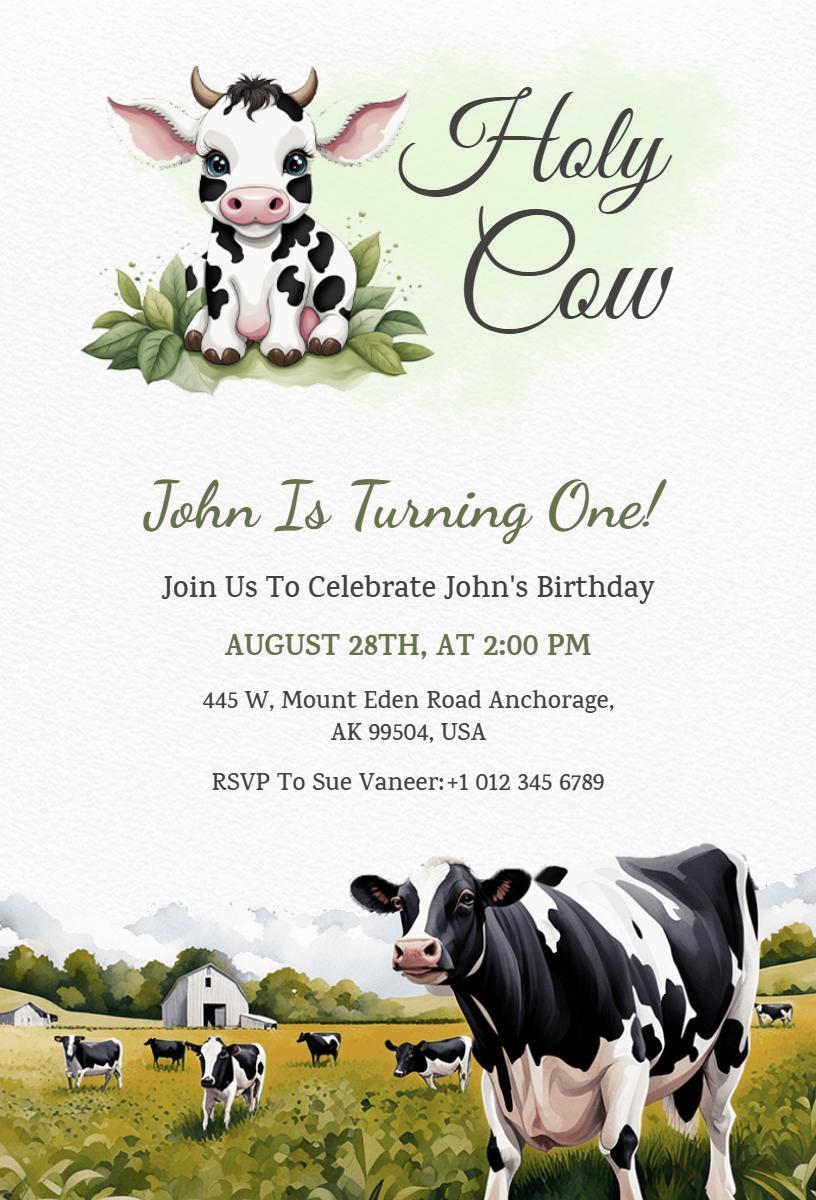 Holy Cow Cute Farm Theme 1st Birthday Celebration Invitation Template