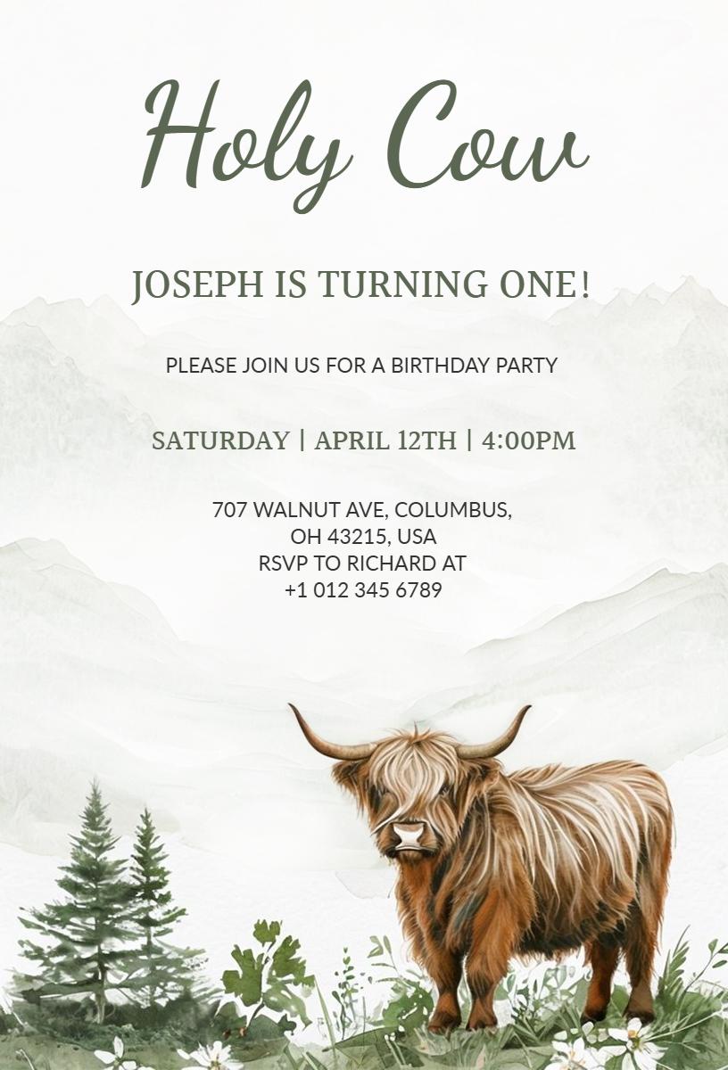 Holy Cow First Birthday Celebration Invitation Template