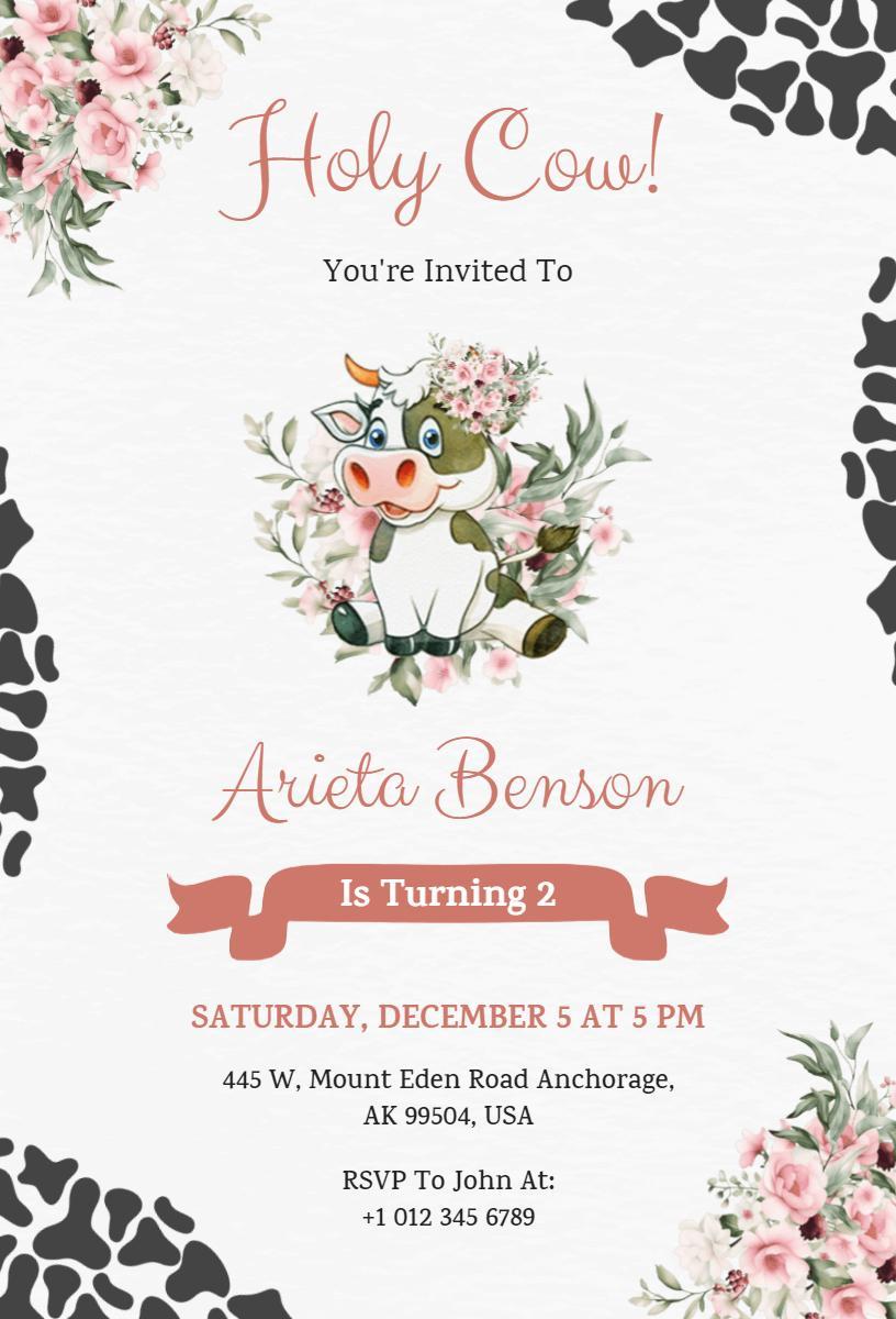 Holy Cow Fun Farm Animal 2nd Birthday Celebration Invitation Template