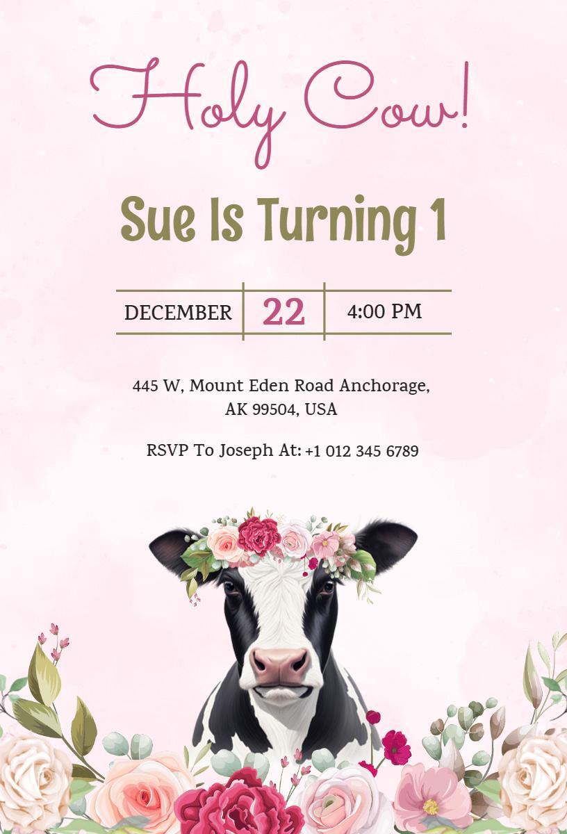 Holy Cow Themed 1st Birthday Celebration Invitation Template