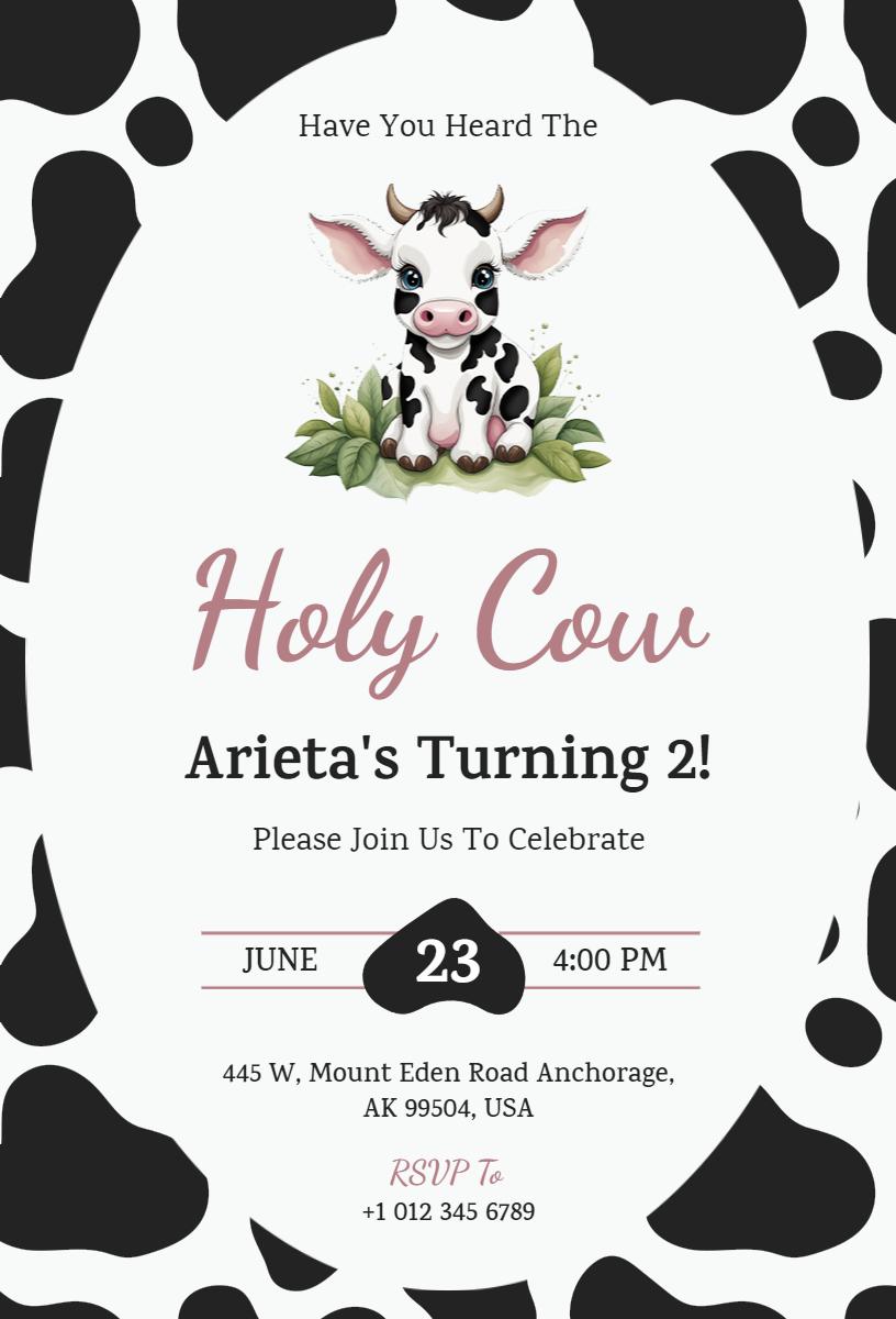 Holy Cow Themed 2nd Birthday Celebration Invitation Template