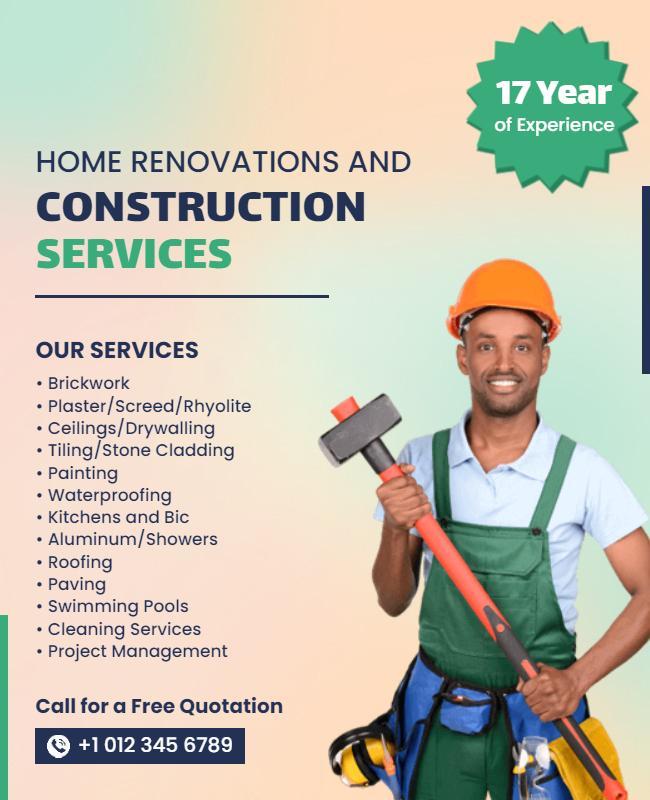 Professional Green Home Renovations Construction Services Flyer Template