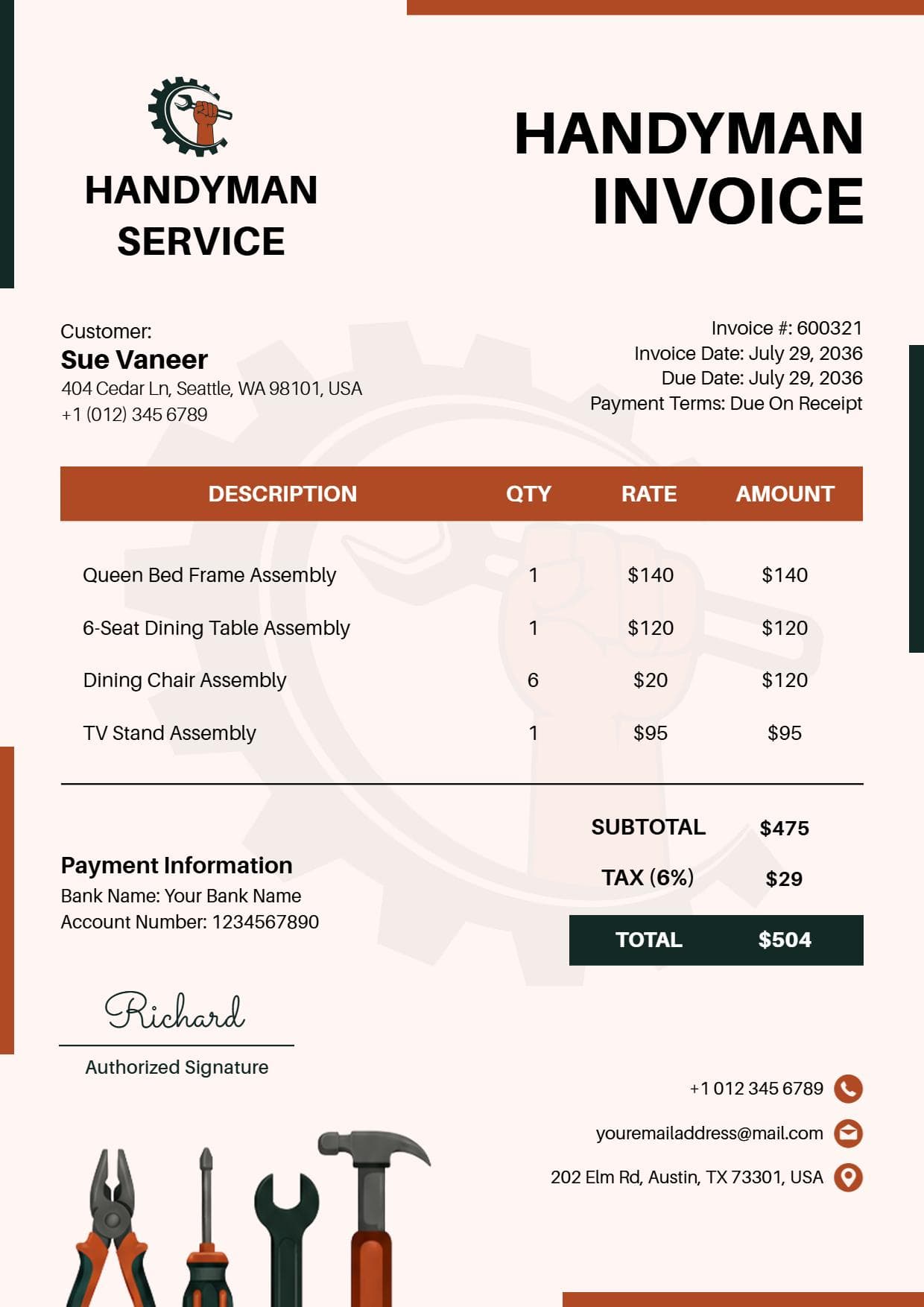 Home Furniture Repair and Handyman Service Billing Invoice Template