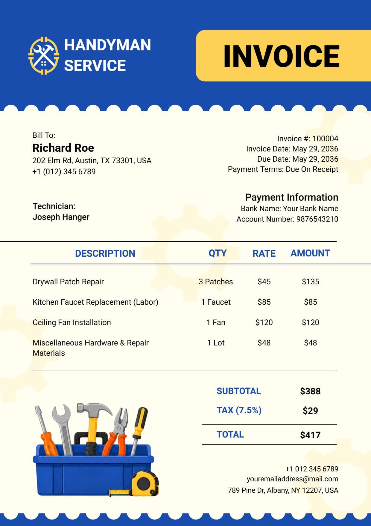Home Handyman Service Billing with Repairs Invoice Template