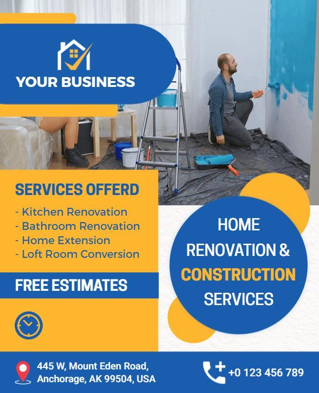 Modern Blue Home Renovation and Construction Services Flyer Template